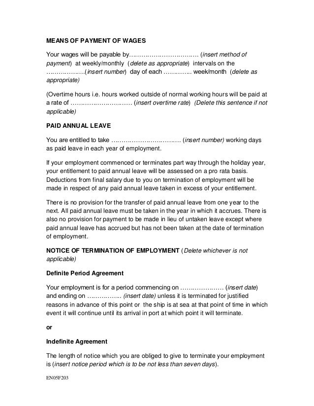 employment agreement holidays format agreement seafarer 2 Model for employment
