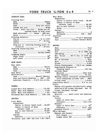 FORD Sp. 2 
STEERING GEAR: 9 
Steering Gear; 
Make ........................... Gemmer 
Model ............................ #250 
Type .................. Worm and roller 
Column end play ................. Shims 
Cross - shaft end play .. Shims and ad-justing 
screw in side cover 
Mesh adjustment ..... Shims - .006 max. 
Ratio ....................... 17 to 1.0 
Steering Geometry: 
Toe-in ..................... 0 to 1/16!! 
Camber ................... lo - 30 min. 
Caster ............................. 4O 
King pin or steering knucklg pivot in-clination 
.............. 7 - 30 min. 
Steering Connecting Rod: 
Make .............................. Own 
Type .................... Spring loaded 
Cramping Angle: 
Right wheel ....................... 28O 
Left wheel ........................ 28' 
REAR AXLES: 
Rear Ax1 e : 
Makc ........................... Spicer 
Model ............................ 23-2 
Type .................... Full floating 
Gear Ratio ........................ 4.875 
Differential: Type ..................H ypoid (~picer) Gear and Pinion Backlash .. .005 - .007 
Lubricant Capacity ., 2-1/2 pts.orlbs. 
Length Main Side Members ........ 123.90" 
Depth Main Side Members .......... 4.0011 
Width Hain Side Members .......... 1.62" 
Thickness Main Side Members ... .120-,130 
SPRINGS : 1 
Front Main: 
Dimensions: 
Center to Center (with load) . 32.00" 
Center to Center of Eyes (without 1o ad) ............. 30. 9811 Eye to seat Centers .......... 16.00" 
Width ......................... 1.75" 
Leaves : Quantity .......................... 6 
Thickness .222-. 228" (#2 leaf 1 -82-. 18811) 
Rear Main: 
Dimensions: 
Center to Center (with load) . 38.00n 
Center to Center of Eyes (without load) ............. 36.59n 
Eye to seat Centers .......... 19.0011 
Width ......................... 1.75 
Leaves : 
Quantity .......................... 8 Thickness .............. ,222 - .228" 
Shackles: 
Make ................. 0 and S Bearings Type ............ Oilless Shackle Bolts 
ENGINE: 
Make ............................. Ford Model ............................ G.P. 
H.P. ................... 45 at 3600 rpm 
SAE Rating ......,............... 16.28 Max. Torque .... 85 ft. lbs. at 1700 rpm 
Type ......................... IIL-headn 
No. of Cylinder .................. Four 
Bore ...................., ., .... 3-3/16 Stroke .......................... 3-3/4 
Piston Displacement .. 119.5 cu..inches 
Compression Pressure at Cranking Speed .............. 110 lbs. 
Cyl inder Head : Material ................................ .C.a at Iron Bolt Tensjon 50 lbs. 
Maximum rebore (oversize) permissible to 
avoid weakening cylinder wall . .0601! Firing order ................... 1-2-4-3 Compression Ratio ............ 6.1 to 1.0 
Fuels : 
Engine will operate satisfactorily using 
gasoline of 68 octane (minimum) and 74 
octane (max imun) rat ings . 
Head Gasket: Material ..... sheet steel and asbestos 
Valves: 
Intake: ............. 0 Ang1.e of Valve Seat 45 Clearance ................. (hot) .012 
Exhaust : ......... . 0 Angle of ~aiveS eat .;. 45 Clearance ............................ .(.h.o.t. ) .012 Distance Lifted .307!! 
~ h v Sepr ings : 
Exhaust and Intake: . Free length ................... 2.41" Length under 63# .............. 1.84" 
 