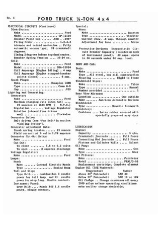 sp. 5 FORD TRUCK 
ELECTRICAL CIRCUITS (Continued) 
Distributor : 
Make ........................... Ford 
Model ...................... GP-12100 
Breaker Point Gap ...... .018 - .020" 
Firing Order ................ 1-2-4-3 
Advance and retard mechanism .. Fully 
automatic vacuum type, 20 crankshaft 
degrees. 
Timing 2 degrees before top dead center. 
Breaker Spring Tension .... 20-24 oz. 
Coil : 
Make ........................... Ford 
Model ..................... IGA-12024 
Coil Amperage (Engine Idling) . 4 amp 
Coi 1 Amperage (Engine st opped-breaker 
points closed) ............. 6 amp. 
Spark Plugs: 
Make................... Champion 14MM 
Type ....................... Comm H-9 
Gap ............................ .029 
Lighting and Generating: 
Generator: 
Make ........................... Ford 
Maximum charging rate (when hot) .... 
29 amperes at 1600 RPM ( M.P.H.) 
Regulation ........ Voltage Regulator 
Rotation (viewed from driven 
end) .................... Clockwise 
Generator Drive: 
Be1 t driven (see "Fan Be1 t 1' in sect ion 
Wooling System"). 
Generator Adjustment Data: Brush spring tension ...... 22 ounces 
Field current at 6 volts 1.78 amperes 
Generator Cut-Out Relay: 
Make ........................... Ford 
cut-Out: To close ......... 5.8 to 6.3 volts 
To open ....... 8 amperes discharge 
Voltage Regulator: I 
Make ........................... Ford 
Lamps : 
Head : Make ........G eneral Electric Mazda 
Type .................. Sealed Beam 
Tail and Stop: Type Bulb .... combination 3 candle 
power for tail lamp and 21 candle 
power for stop lamp. Double contact. 
Instrument Panel: Type Bulb .... Mazda $455 1.5 candle 
power, single contact. 
Special : 
Horn : 
Make ........................ Sparton 
Type ....................... Vibrator 
Current draw. .8 amp. through ammeter 
Adjustment for tone ........... Screw 
Protective Devices: Thermostatic Cir-cuit 
Breaker Capacity (locatedonback 
of instrument panel). 30 amps. opens 
in 30 seconds under 60 amp. load. 
BODY AND CAB: 
Body: 
Make ............................. Ford 
Type ..All steel, box sill construction 
Mounting ............... Rigid t o frame 
Windshield Wiper: 
Make ............................ Trico 
Type ........................... Manual 
Number provided'. .................... 1 
Rear View Mirrors: 
Location .................. One outside 
Make ....... American Automatic Devices 
Windshield: 
Type ................ Movable Ainsworth 
Upholstery: 
Cushions .... Latex rubber covered with 
specially prepared army duck 
LUBRICATION 
Engine : 
Capacity ....................... 5 qts. 
Crankshaft Journals ........ Full Force 
Connecting Rod Journals .... Full Force 
Pistons and Cylinder Walls ..... Splash 
Oil Pump: 
Make .............................. Own 
Type ............................. Gear 
Oil Filters: 
Make ........................ Purolator 
Model ....................... PEA1/2-03 
Replacement cartridge..Complete element 
Engine Oil (SAE Numbers): 
Temperature Number 
Above 32' Fahrenheit SAE 30 
Below 32O Fahrenheit SAE 10 or 10W 
Oil Chahge .. Change crankcaseoil every 
2000 miles unless operating conditions 
make earlier change desirable. 
 