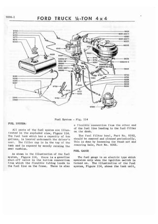 9000-1 FORD TRUCK %-TON 4 x 4 
FUEL SYSTEM: 
Fuel System - F i g . 114 
a flcxiblc'conncction from the other end 
A l l p a r t s of t h e fuel system are illus-trated 
In t h e exploded view, Figure 114. 
The fuel tank which has a capacity of ten 
gallons, is located underneath t h e driverls 
s c a t . Thc filler cap is in the top or the 
t a n k and is exposed by merely raising the 
seat cushion. 
As shown i n t h e i tlust ration of t h e fuel 
system, Figure 114, there is a gasoline 
shut-off valve i n the bottom connection 
from which the flexible tubing leads to 
t h e fuel l i n e on the frame. There is also 
of the fuel line leading t o the fuel~filter 
on t h e dash. 
The fuel filter bawl, Part No. 9162, 
should be removed and cl~anedp eriodically. 
This is done by loosening t h e thumb nut and 
removing bale, Part No. 9163. 
WliL GAUGE 
me fuel gauge is an electric type which 
operates only when the ignition switch is 
turned on. The illustration of the f u e l 
system, Figure 114, shows the tank unit, 
 