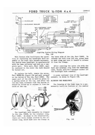 FORD TRUCK 1/4-TON 4 x 4 13000-2 
R.H. HEADLAMP 
BLACKOUT TAIL LI 
R.H. BLACKOUT HEADLAMP 
AND STOP LlGH 
Lighting System Wiring Diagram 
Ffq. 138 
This feature also facilitates the opera- the inner aide of the rim, Part 13045. To 
tfon of replacing the headlight bulb as- release the bulb from the rim, press down 
sembly in the event this becomes necessary. on each clamp and turn i t inward to release 
The sealed beam headlight is manufactured i t from the flange. 
vith the lens reflector and bulb as a com-plete 
u n i t . This u n i t , Part 13007, must After removing the outer rim with the 
be replaced in t h e event the bulb ahould bulb and retaiqer ring from the headlight 
be burned out. case, merely pulIthe3-pronged socket o f f 
the headlight bulb assembly. 
0 To replace the bulb, remove the screw,- 
~ ~ r a . s r + 
I*IPI-SI+C: q f 
Part 36920-S2, Figure 139 and p u l l outward A cross cectional view of the headlight 
an the bottom of t h e r i m , Part 13045. The assembly is shown in Figure 140. 
upper p a r t of t h e rim is h e l d in place by 
a spring catch at t h e top, and after t h e ALIGNING Tf@ HEbDLIGHTS 
rim has been released from the bottom f t 
should be lifted up t o release it from the The focusing of the light beam is a per-catch 
a t the top. manently built-in feature of the sealed 
- 4' 
1/(-I-'PI O.51 Fig. 139 e 
The headlight bulb assembly is clamped 
in the rim, 13045, by the retainer ring, 
Part 13061. As sham in t h e illustration, 
there are three clamps rivoted t o the rc-tainer 
ring, which hook into the flange on Fig. 140 
 