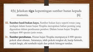 4(b) Jelaskan tiga kepentingan sumber hutan kepada
manusia. [6]
iii. Sumber hasil bukan kayu. Sumber bukan kayu seperti rotan yang
terdapat dalam hutan hujan Tropika merupakan bahan penting yang
digunakan dalam pembuatan perabot. Dalam hutan hujan Tropika
terdapat 400 spesies jenis rotan.
iv. Sumber perubatan. Hutan hujan Tropika mempunyai 6 000 spesies
pokok ubat-ubatan. Antaranya, ialah pokok tongkat ali, kacip fatimah,
tunjuk langit, ubi sembelit tujuh dan pokok bintagor tandan.
air
 