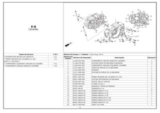E-8
CIGUEÑAL
Íntem de servicio F.R.T.
* INTERRUPTOR NEUTRO DE CONTACTO 0.3
* PERNO PASADOR DEL CILINDRO 8 X 140 1.6
(ADD 0.1 FOR EACH )
* COMPONENTE IZQUIERDO CARCASA DE CIGÜEÑAL *4.2
* COMPONENTE CARCASA DERECHO CIGÜEÑAL *4.5
Número De Grupo: E-8 Modelo :: Hunk (Aug, 2012)
Referencia
número
Número del Repuesto Descripción Necesario
1 11100-KVE-900 COMPONENTE CARCASA DERECHO CIGÜEÑAL 1
2 11108-KTN-900 PLATINA JUEGO DE BALINERA IZQUIERDA 3
3 11200-KVE-900 COMPONENTE CARCASA IZQUIERDO CIGÜEÑAL 1
4 11215-KSP-910 TAPON DE EMPUJE DE LA BALINERA 1
5 11216-KRM-840 RESORTE, 1
6 11217-KRM-840 PLATINA DE EMPUJE DE LA BALINERA 1
7 35750-KVN-900 1
8 90031-KSP-910 PERNO PASADOR DEL CILINDRO 8 X 140 4
9 90441-KRM-840 PLATINA SOSTENEDOR DE BALINERA 2
10 91203-KSP-910 ACEITE, SELLO 14X22X5 1
11 91305-KPH-900 O-RING 19.4X2.3 1
12 94109-12000 ARANDELA TAPON DE DRENAJE 1
13 94301-08140 PASADOR 8 X 14 2
14 95701-06016-00 PERNOS BRIDA 6 X 16 5
15 95701-06020-00 PERNOS BRIDA 6 X 20 4
16 95701-06040-00 PERNOS BRIDA 6 X 30 7
17 95701-06045-00 PERNOS BRIDA SH 6 X 45 1
18 95701-06070-00 PERNOS BRIDA SH 6 X 70 7
19 96001-06018-00 PERNOS BRIDA 6 X 18 1
20 90131-KRM-840 SHAFT OIL PUMP 1
13
 