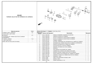 E-12
TAMBOR SELECTOR DE CAMBIOS DE CAMBIOS
Íntem de servicio F.R.T.
* SPINDLE COMP., GEARSHIFT 0.8
* PLATE COMP., SHIFT DRUM --
RETENEDOR 0.9
* RETENEDOR DEL TAMBOR SELECTOR DE CAMBIOS
(COMPONENTE)
--
* TAMBOR, CAMBIOS *3.6
* FORK, GEAR SHIFT --
(SAME TIME FOR TWO UNITS OR MORE) --
Número De Grupo: E-12 Modelo :: Hunk (Aug, 2012)
Referencia
número
Número del Repuesto Descripción Necesario
1 24211-KRM-840 ORQUILLA ENSAMBLE IZQUIERDO DELANTERO 2
2 24212-KRM-840 ORQUILLA CENTRAL DE CAMBIOS 1
3 24241-KRM-840 EJE DE LA HORQUILLA A SELECTORA DE CAMBIOS 1
4 24242-KRM-840 EJE DE LA HORQUILLA B SELECTORA DE CAMBIOS 1
5 24301-KSP-910 TAMBOR, CAMBIOS 1
6 24410-KSP-860 PLATINA, COMPONENTE DEL RETENEDOR DEL TAMBOR DE CAMBIOS 1
7 24430-KRM-B10 RETENEDOR DEL TAMBOR SELECTOR DE CAMBIOS (COMPONENTE) 1
8 24436-KRM-840 RESORTE RETENEDOR DEL TAMBOR DE CAMBIOS 1
9 24610-KSP-910 EJE SELECTOR DE LA CAJA DE CAMBIOS 1
10 24651-KSP-910 RESORTE, RETORNO DEL EJE DE CAMBIOS 1
11 24627-KRM-840 RESORTE, 1
12 24652-KSP-910 PIN, RESORTE DE RETORNO DEL CAMBIO 1
13 35751-KPH-900 CUBIERTA DEL CONTACTO DEL BRAZO OSCILANTE 1
14 35752-KRM-840 RESORTE INTERNO TAMBOR SELECTOR DE CAMBIOS 1
15 90022-MG8-000 PIVOTE, BRAZO DEL RETENEDOR DEL TAMBOR DE CAMBIOS 1
16 90417-041-000 ARANDELA LATERAL DEL TAMBOR SELECTOR DE CAMBIOS 1
17 90457-KRM-840 ARANDELA, 14MM 1
18 94510-14000 ANILLO DE SEGURIDAD EXTERNO 14MM 1
19 96220-30085 RODILLO 3X8.5 2
20 90003-KVS-900 PERNO HEXAGONAL 6 X 20 1
20
 