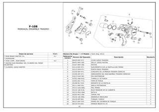 F-10B
MORDAZA, ENSAMBLE TRASERO
Íntem de servicio F.R.T.
* REAR BRAKE MASTER CYL. 0.1
* DIAFRAGMA
* HOSE COMP., REAR BRAKE 0.4
* MASTER SUB ENSAMBLE DEL CILINDRO DEL FRENO
DELANTERO
* CILINDRO, JUEGO MASTER
Número De Grupo: F-10B Modelo :: Hunk (Aug, 2012)
Referencia
número
Número del Repuesto Descripción Necesario
1 06435-KRY-971 COJIN JUEGO TRASERO 1
2 06451-MA7-405 SELLO, JUEGO PISTON 1
3 43107-MA7-006 PISTON 1
4 43114-KRY-971 SUPLEMENTO B DE LA PASTILLA DEL FRENO 1
5 43115-KVN-971 PORTA PINZA TRASERO 1
6 43150-KRY-971 CONJUNTO DE LA PRENZA TRASERA DERECHA 1
7 43190-KRY-971 ABRAZADERA DEL SUB NSAMBLE TRASERO DERECHO 1
8 43215-KGH-901 PIN SOSTENEDOR 2
9 43352-568-003L TORNILLO, DE PURGA 1
10 43353-461-771L TAPA DE PURGA 1
11 45108-ML7-922 RESORTE DE LA PASTILLA 1
12 45111-MAJ-G41 ANILLO RETENEDOR 1
13 45131-GZ0-006L PIN, PERNO 1
14 45132-166-016L BUJE PASADOR DE LA CUBIERTA 1
15 45133-MA3-006L BOTA B 1
16 45203-MCC-006 TAPON, PIN 1
17 45216-166-006L ARANDELA ONDULADA 1
18 45216-KPP-861 TORQUE, TUERCA 1
19 90127-KRY-970 PERNO DEL ESLABON DE TORQUE 1
20 90155-KY4-901 PERNOS BRIDA 8 X 25 2
42
 