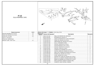 F-12
SILLA ENSAMBLE CAPO
Íntem de servicio F.R.T.
SEGURO ENSAMBLE DE LA SILLA 0.5
CABLE DEL SEGURO DE LA SILLA 0.2
COWL SET, R/L REAR 0.2
(ADD 0.1 FOR EACH ) --
COWL SET, CENTER REAR --
BRACKET COMP., SEAT LOCK 0.1
Número De Grupo: F-12 Modelo :: Hunk (Aug, 2012)
Referencia
número
Número del Repuesto Descripción Necesario
1 19052-KV0-000 ANILLO DE MONTAJE DEL RADIADOR 2
2 50354-428-000 RETENEDOR DE CAUCHO 'B' 2
3 75582-KCW-870 JUEGO DE RESORTES DE LLAVE DE BLOQUEO 1
4 77156-KVN-970 CABLE DEL SEGURO DE LA SILLA 1
5 77160-KVN-970 ABRAZADERA DEL SEGURO DE LA SILLA 1
6 77200-KVN-900 SILLA, COMPONENTE DOBLE 1
7 77202-KCC-900 CAUCHO, MONTAJE DE LA SILLA 2
8 77204-KCC-900 CAUCHO,MONTAJE A DE LA SILLA 2
9 77205-KVE-900 CAUCHO, MONTAJE DE LA SILLA B 2
10 77206-KFN-850 CAUCHO, COJIN DE LA SILLA 4
11 7720B-KVN-900 CUBIERTA DEL ENSAMBLE DE LA SILLA 1
12 77228-GBG-850 CAUCHO, BARRA DEL SEGURO DE LA SILLA 2
13 77229-GBG-850 ANILLO DE LA BARRA DE BLOQUEO DE LA SILLA 2
14 77234-KVN-900 RESORTE DEL SEGURO DE LA SILLA 1
15 77239-AAL-H00 LLAVE, SEGURO DE LA SILLA 1
16 77244-KVN-900 SOPORTE DEL CABLE DEL SEGURO DE LA SILLA 1
17 77250-KVN-900 BASE DE LA CUBIERTA TRASERA DERECHA (MBL) 1
18 77260-KVE-900 BARRA DE ENSAMBLE DEL SEGURO DE LA SILLA 1
19 77260-KVN-900 BASE IZQUIERDA CUBIERTA TRASERA (MBL) 1
20 77280-AAK-H70 CUBIERTA, JUEGO CENTRAL TRASERO 1
46
 