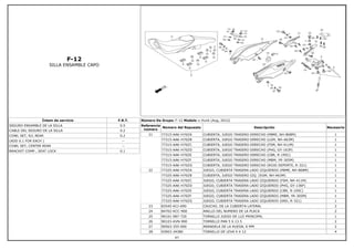 F-12
SILLA ENSAMBLE CAPO
Íntem de servicio F.R.T.
SEGURO ENSAMBLE DE LA SILLA 0.5
CABLE DEL SEGURO DE LA SILLA 0.2
COWL SET, R/L REAR 0.2
(ADD 0.1 FOR EACH ) --
COWL SET, CENTER REAR --
BRACKET COMP., SEAT LOCK 0.1
Número De Grupo: F-12 Modelo :: Hunk (Aug, 2012)
Referencia
número
Número del Repuesto Descripción Necesario
21 77315-AAK-H70ZA CUBIERTA, JUEGO TRASERO DERECHO (PBME, NH-B08M) 1
77315-AAK-H70ZB CUBIERTA, JUEGO TRASERO DERECHO (LGM, NH-A63M) 1
77315-AAK-H70ZC CUBIERTA, JUEGO TRASERO DERECHO (FSM, NH-411M) 1
77315-AAK-H70ZD CUBIERTA, JUEGO TRASERO DERECHO (PHG, GY-163P) 1
77315-AAK-H70ZE CUBIERTA, JUEGO TRASERO DERECHO (CBR, R-195C) 1
77315-AAK-H70ZF CUBIERTA, JUEGO TRASERO DERECHO (MBM, YR-305M) 1
77315-AAK-H70ZG CUBIERTA, JUEGO TRASERO DERECHO (ROJO DEPORTE, R-321) 1
22 77325-AAK-H70ZA JUEGO, CUBIERTA TRASERA LADO IZQUIERDO (PBME, NH-B08M) 1
77325-AAK-H70ZB CUBIERTA, JUEGO TRASERO IZQ. (EGM, NH-A63M) 1
77325-AAK-H70ZC JUEGO, CUBIERTA TRASERA LADO IZQUIERDO (FSM, NH-411M) 1
77325-AAK-H70ZD JUEGO, CUBIERTA TRASERA LADO IZQUIERDO (PHG, GY-136P) 1
77325-AAK-H70ZE JUEGO, CUBIERTA TRASERA LADO IZQUIERDO (CBR, R-195C) 1
77325-AAK-H70ZF JUEGO, CUBIERTA TRASERA LADO IZQUIERDO (MBM, YR-305M) 1
77325-AAK-H70ZG JUEGO, CUBIERTA TRASERA LADO IZQUIERDO (SRD, R-321) 1
23 83545-KCJ-690 CAUCHO, DE LA CUBIERTA LATERAL 2
24 84702-KCC-900 ANILLO DEL NUMERO DE LA PLACA 2
25 90101-087-720 TORNILLO JUEGO DE LUZ PRINCIPAL 1
26 90103-KVN-900 TORNILLO PAN 5 X 13.5 2
27 90563-355-000 ARANDELA DE LA RUEDA, 6 MM 2
28 93903-34380 TORNILLO DE LEVA 4 X 12 4
47
 