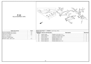 F-12
SILLA ENSAMBLE CAPO
Íntem de servicio F.R.T.
SEGURO ENSAMBLE DE LA SILLA 0.5
CABLE DEL SEGURO DE LA SILLA 0.2
COWL SET, R/L REAR 0.2
(ADD 0.1 FOR EACH ) --
COWL SET, CENTER REAR --
BRACKET COMP., SEAT LOCK 0.1
Número De Grupo: F-12 Modelo :: Hunk (Aug, 2012)
Referencia
número
Número del Repuesto Descripción Necesario
29 93903-35280 TORNILLO DE LEVA 5 X 12 4
30 94001-06090-0S TUERCA HEXAGONAL DE 6MM 2
31 94103-06700 ARANDELA PLANA, 6 MM 2
32 95701-06018-08 PERNOS BRIDA 6 X 18 2
33 95701-06020-00 PERNOS BRIDA 6 X 20 2
34 95701-06022-00 PERNOS BRIDA SH 6 X 22 2
48
 