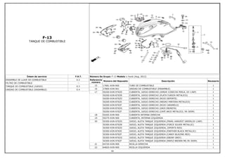 F-13
TANQUE DE COMBUSTIBLE
Íntem de servicio F.R.T.
ENSAMBLE DE LLAVE DE COMBUSTIBLE 0.2
FILTRO DE COMBUSTIBLE --
TANQUE DE COMBUSTIBLE (JUEGO) 0.3
UNIDAD DE COMBUSTIBLE (ENSAMBLE) 0.4
Número De Grupo: F-13 Modelo :: Hunk (Aug, 2012)
Referencia
número
Número del Repuesto Descripción Necesario
15 17681-KVN-900 TUBO DE COMBUSTIBLE 1
16 37800-KVN-901 UNIDAD DE COMBUSTIBLE (ENSAMBLE) 1
17 50200-KVN-970ZD CUBIERTA, JUEGO DERECHO (VERDE COSECHA PERLA, GY-136P) 1
50200-KVN-870ZB CUBIERTA, JUEGO DERECHO (PLATA FUERZA METALICO) 1
50200-KVN-870ZD CUBIERTA, JUEGO DERECHO (ROJO DEPORTE) 1
50200-KVN-870ZE CUBIERTA, JUEGO DERECHO (NEGRO PANTERA METALICO) 1
50200-KVN-870ZF CUBIERTA, JUEGO DERECHO (ROJO CARAMELO) 1
50200-KVN-870ZG CUBIERTA, JUEGO DERECHO (GRIS EBONITA) 1
50200-KVN-970ZF CUBIERTA, JUEGO DERECHO (CAFÉ ARCE METALICO, YR-305M) 1
18 50265-KVN-900 CUBIERTA INTERNA DERECHA 1
19 50275-KVN-900 CUBIERTA, INTERNA IZQUIERDA 1
20 50300-KVN-970ZD JUEGO, ALETA TANQUE IZQUIERDA (PEARL HARVEST GREEN,GY-136P) 1
50300-KVN-870ZB JUEGO, ALETA TANQUE IZQUIERDA (FORCE SILVER METALLIC) 1
50300-KVN-870ZD JUEGO, ALETA TANQUE IZQUIERDA, (SPORTS RED) 1
50300-KVN-870ZE JUEGO, ALETA TANQUE IZQUIERDA (PANTHER BLACK METALLIC) 1
50300-KVN-870ZF JUEGO, ALETA TANQUE IZQUIERDA (CANDY BLAZING RED) 1
50300-KVN-870ZG JUEGO, ALETA TANQUE IZQUIERDA (EBONY GREY) 1
50300-KVN-970ZF JUEGO, ALETA TANQUE IZQUIERDA (MAPLE BROWN ME,YR-305M) 1
21 64720-KVN-900 REJILLA DERECHA 1
22 64820-KVN-900 REJILLA IZQUIERDA 1
50
 