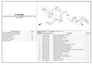 F-18-DISC
PEDAL CAJA DE CAMBIOS / ARRANQUE DE PATADA/ PEDAL
DEL FRENO
Íntem de servicio F.R.T.
* PEDAL, ENSAMBLE CAJA DE CAMBIOS 0.1
* ENSAMBLE DE PALANCA DE ARRANQUE
* JUNTA, BRAZO DE PATADA 0.2
* STOPPER, KICK ARM 0.3
* SWITCH ASSY., RR. STOP 0.2
* ROD COMP., RR. BRAKE 0.3
* PEDAL DEL FRENO 0.5
Número De Grupo: F-18-DISC Modelo :: Hunk (Aug, 2012)
Referencia
número
Número del Repuesto Descripción Necesario
1 24700-KVE-900 PEDAL, ENSAMBLE CAJA DE CAMBIOS 1
2 24701-KVE-900 PEDAL CAJA DE CAMBIOS 1
3 24711-KVE-900 BRAZO DEL PEDAL DE CAMBIOS 1
4 24720-KFN-850 BARRA DE SUJECION 1
5 24721-GS3-000 CUBIERTA DEL PEDAL DE CAMBIOS 2
6 24781-KR3-770 CAUCHO, PEDAL DEL LOS CAMBIOS 1
7 28241-AAK-H00 JUNTA BRAZO DE PATADA 1
8 28293-333-000 GRAPA DEL BRAZO DEL ARRANCADOR DE PATADA 1
9 28300-AAK-H00 ENSAMBLE DE PALANCA DE ARRANQUE 1
10 28307-AAK-H60 RETENEDOR DE LA PALANCA DE LA PATADA 1
11 28311-KC5-000 CAUCHO DE LA PATADA DE ENCENDIDO 1
12 28333-KK0-000 RESORTE DE ENSAMBLE DE LA PALANCA DE LA PATADA DE ARRANQUE 1
13 35350-KCC-900 SUITCHE STOP TRASERO (ENSAMBLE) 1
14 35357-KVN-970 RESORTE DEL SUITCHE DEL STOP 1
19 46500-KVN-970 PEDAL DEL FRENO 1
20 46514-KN5-670 RESORTE DEL PEDEAL DEL FRENO 1
21 46515-KB9-000 TUBO, RESORTE DEL PEDAL DEL FRENO 1
22 46515-KVN-970 BRAZO CENTRAL 1
23 90502-155-000 ARANDELA PLANA, 7 MM 2
25 90505-KRM-860 ARANDELA, 15.5 X 22 1
60
 