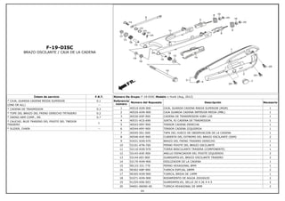 F-19-DISC
BRAZO OSCILANTE / CAJA DE LA CADENA
Íntem de servicio F.R.T.
* CAJA, GUARDA CADENA MEDIA SUPERIOR 0.1
(ONE OR ALL) --
* CADENA DE TRASMISION 0.3
* TOPE DEL BRAZO DEL FRENO DERECHO TRTASERO 0.2
* SWING ARM COMP., RR. 0.7
* CAUCHO, BUJE TRASERO DEL PIVOTE DEL TNEDOR
TRASERO
1
* SLIDER, CHAIN --
Número De Grupo: F-19-DISC Modelo :: Hunk (Aug, 2012)
Referencia
número
Número del Repuesto Descripción Necesario
1 40510-KVN-900 CAJA, GUARDA CADENA MADIA SUPERIOR (MGM) 1
2 40520-KVN-900 CAJA GUARDA CADENA INFERIOR MEDIA (MBL) 1
3 40530-KSP-900 CADENA DE TRANSMISION 428H-120 1
4 40531-KCS-690 JUNTA, RJ CADENA DE TRASMISION 1
5 40543-KRY-900 TENSOR CADENA DERECHA 1
6 40544-KRY-900 TENSOR CADENA IZQUIERDA 1
7 40545-001-000 TAPA DEL HUECO DE OBSERVACION DE LA CADENA 1
8 40546-KVE-900 CUBIERTA DEL EXTREMO DEL BRAZO OSCILANTE (SSM) 2
9 43431-KVN-970 BRAZO DEL FRENO TRASERO DERECHO 1
10 52101-KTN-700 PERNO PIVOTE DEL BRAZO OSCILANTE 1
11 52110-KVN-970 TIJERA BASCULANTE TRASERA (COMPONENTE) 1
12 52143-KVE-900 ANILLO ESPACIADOR DEL PIVOTE IZQUIERDO 2
13 52144-KEJ-900 GUARDAPOLVO, BRAZO OSCILANTE TRASERO 2
14 52170-KVN-900 DESLIZADOR DE LA CADENA 1
15 90133-331-770 PERNO HEXAGONAL 8MM 1
16 90302-KBP-900 TUERCA ESPCIAL 28MM 2
17 90305-KVN-900 TUERCA, BRIDA DE 14MM 1
18 91071-KVN-900 RODAMIENTO DE AGUJA 20X26X20 2
19 91254-KS6-003 GUARDAPOLVO, SELLO 20 X 26 X 4.5 2
20 94001-06090-0S TUERCA HEXAGONAL DE 6MM 2
64
 