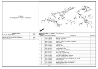 F-25
CHASIS / ASV / MANGO TRASERO)
Íntem de servicio F.R.T.
PLATE, FR. ENGINE HANGER 0.2
MARCO, COMPONENTE DEL CUERPO BY-ST *5.5
VALVULA DE SUCCION DE AIRE (ENSAMBLE) 0.4
PITO COMPONENTE 0.1
Número De Grupo: F-25 Modelo :: Hunk (Aug, 2012)
Referencia
número
Número del Repuesto Descripción Necesario
1 15772-KTN-900 GRAPA DEL TUBO RESPIRADOR 1
2 17365-KTN-700 PLATINA, JUEGO ASV 1
3 17622-GB7-900 CAUCHO, COJIN 2
4 18600-KSP-901 VALVULA DE SUCCION DE AIRE (ENSAMBLE) 1
5 18601-KVE-900 TUBO, A ASV 1
6 18602-KSP-900 TUBO, B ASV 1
7 18655-KVN-900 TUBO, PB ASB 1
8 19509-KFN-850 ABRAZADERA, TUBO D 16 2
9 19902-865-780 CUBIERTA A LATERAL 2
10 33714-KL3-620 CAUCHO, DE LA LUZ DE COLA 2
11 38110-KWA-931 PITO COMPONENTE 1
12 38117-KFE-701 ANILLO DEL JUEGO DEL PITO 1
13 50100-KVN-970 MARCO, CUERPO COMPONENTE 1
14 50296-KVE-900 GUIA DE LA MANGUERA DE DRENAJE 1
15 50328-KVN-900 CAUCHO, DE MONTAJE DEL TANQUE 2
16 50351-KVN-900 PLATINA DEL SOSTENEDOR DELANTERO DEL MOTOR 1
17 50400-KVN-870 MANGO TRASERO 1
18 50505-KCC-900 RETENEDOR DE CAUCHO DEL SOPORTE A 1
19 77231-KVE-900 AMORTIGUADOR CUBIERTA CENTRAL A 2
20 90019-399-010 PERNOS BRIDA 10 X 110 2
76
 