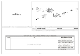 F-27
BANDA / MARCAS
Íntem de servicio F.R.T. Número De Grupo: F-27 Modelo :: Hunk (Aug, 2012)
Referencia
número
Número del Repuesto Descripción Necesario
6 64101-AAK-H00 MARCA DEL PARABRISAS 2
81
 