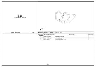 F-28
GUARDA DELANTERA
Íntem de servicio F.R.T. Número De Grupo: F-28 Modelo :: Hunk (Aug, 2012)
Referencia
número
Número del Repuesto Descripción Necesario
1 50803-KVE-900 GUARDA DELANTERA 1
2 50805-KVE-900 ABRAZADERA U 1
3 94050-08080 TUERCA, BRIDA DE 8MM 2
90
 
