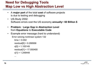 78
Need for Debugging Tools
Map Low vs High Abstraction Level
• A major part of the total cost of software projects
is due to testing and debugging
• US-Study 2002:
Software errors cost the US economy annually~ 60 Billion $
• Problem: Large Gap in Abstraction Level
from Equations to Executable Code
• Example error message (hard to understand)
Error solving nonlinear system 132
time = 0.002
residual[0] = 0.288956
x[0] = 1.105149
residual[1] = 17.000400
x[1] = 1.248448
...
 