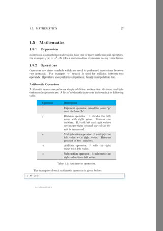 1.5. MATHEMATICS 27
www.sdmsacademy.in
1.5 Mathematics
1.5.1 Expression
Expression is a mathematical relation have one or more mathematical operators.
For example, f(x) = x2
−2x+3 is a mathematical expression having three terms.
1.5.2 Operators
Operators are those symbols which are used to performed operations between
two operands. For example, ‘+’ symbol is used for addition between two
operands. Operators also perform comparison, binary manipulation too.
Arithmetic Operators
Arithmetic operators performs simple addition, subtraction, division, multipli-
cation and exponents etc. A list of arithmetic operators is shown in the following
table.
Operator Description
ˆ Exponent operator, raised the power ‘p’
over the base ‘b’.
/ Division operator. It divides the left
value with right value. Returns the
quotient. If, both left and right values
are integer then decimal part of the re-
sult is truncated.
∗ Multiplication operator. It multiply the
left value with right value. Returns
product of two numbers.
+ Addition operator. It adds the right
value with left value.
− Subtraction operator. It subtracts the
right value from left value.
Table 1.1: Arithmetic operators.
The examples of each arithmetic operator is given below:
✞
1  2^3
✌
✆
 