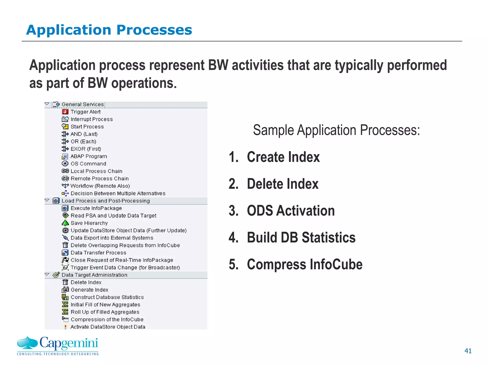 41
Application Processes
Application process represent BW activities that are typically performed
as part of BW operations.
Sample Application Processes:
1. Create Index
2. Delete Index
3. ODS Activation
4. Build DB Statistics
5. Compress InfoCube
 