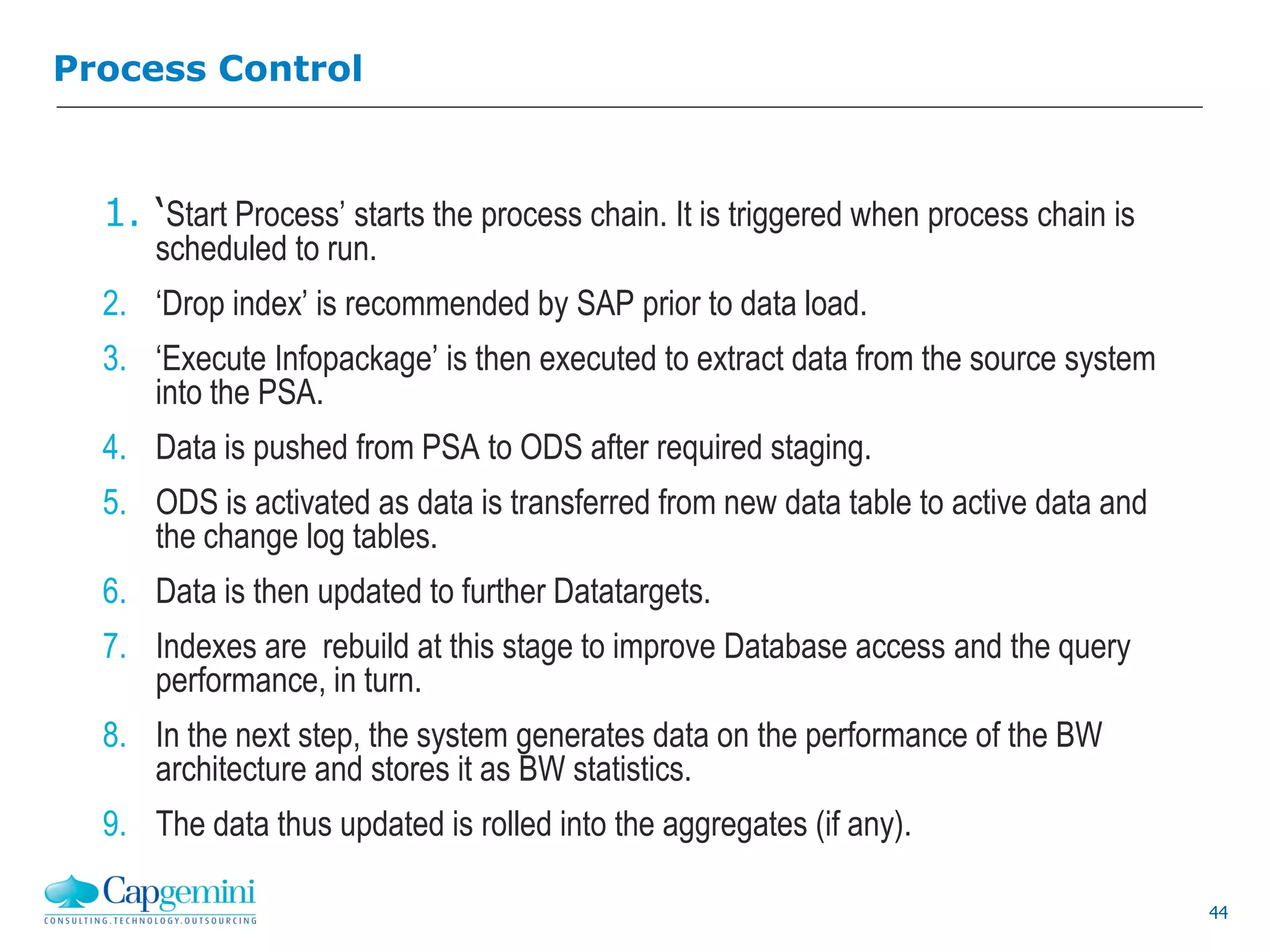 44
Process Control
1. ‘Start Process’ starts the process chain. It is triggered when process chain is
scheduled to run.
2. ‘Drop index’ is recommended by SAP prior to data load.
3. ‘Execute Infopackage’ is then executed to extract data from the source system
into the PSA.
4. Data is pushed from PSA to ODS after required staging.
5. ODS is activated as data is transferred from new data table to active data and
the change log tables.
6. Data is then updated to further Datatargets.
7. Indexes are rebuild at this stage to improve Database access and the query
performance, in turn.
8. In the next step, the system generates data on the performance of the BW
architecture and stores it as BW statistics.
9. The data thus updated is rolled into the aggregates (if any).
 