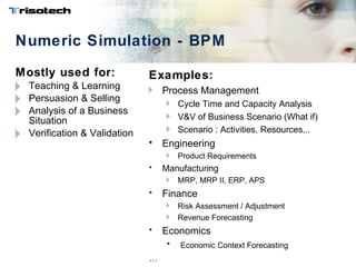 Numeric Simulation - BPM Mostly used for: Teaching & Learning Persuasion & Selling Analysis of a Business Situation  Verification & Validation Examples: Process Management Cycle Time and Capacity Analysis V&V of Business Scenario (What if) Scenario : Activities, Resources,.. Engineering Product Requirements Manufacturing MRP, MRP II, ERP, APS Finance Risk Assessment / Adjustment Revenue Forecasting Economics Economic Context Forecasting … 