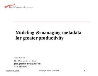 Modeling & managing metadata for greater productivity Jean Graef The Montague Institute Jean.graef at montague.com (413) 367-0245 