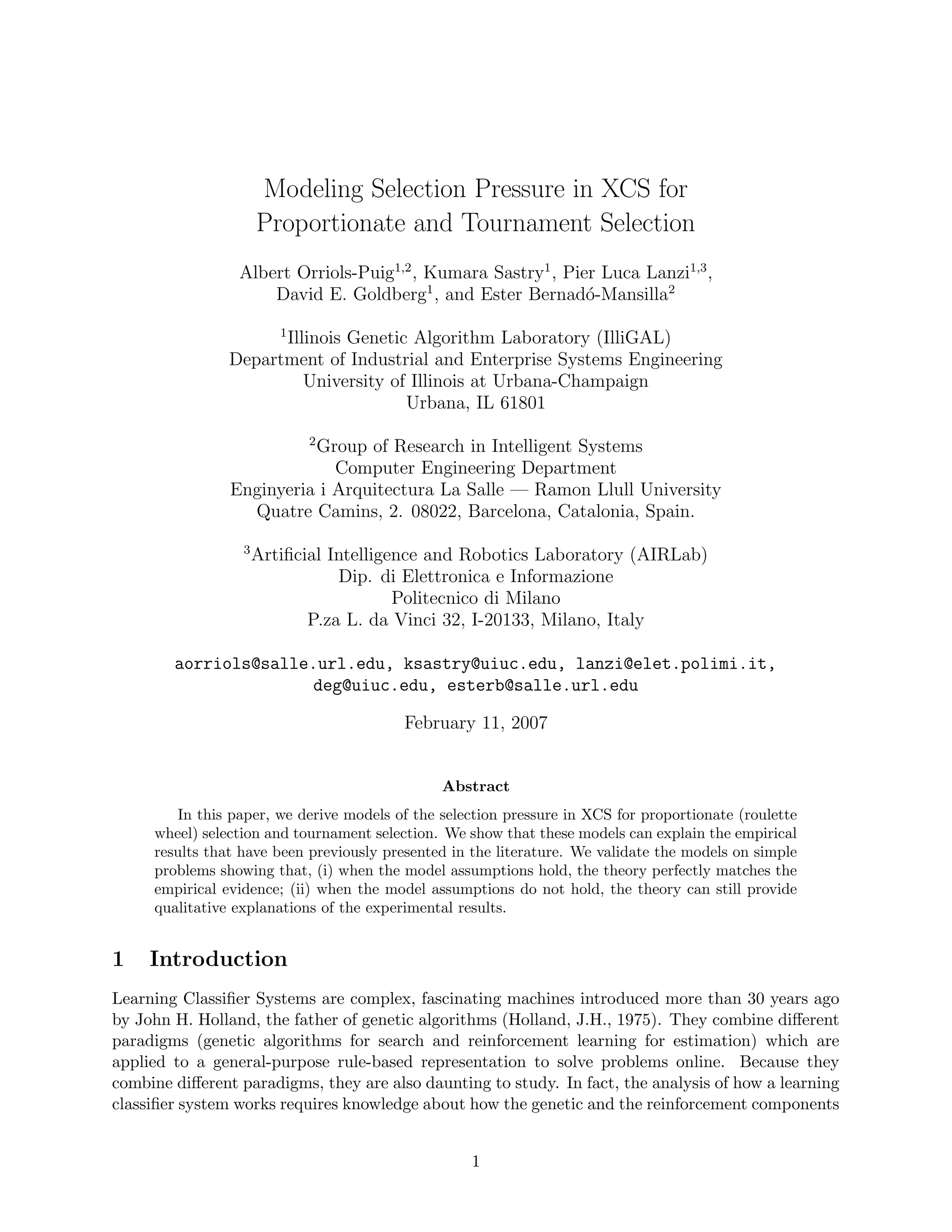 Modeling selection pressure in XCS for proportionate and tournament selection