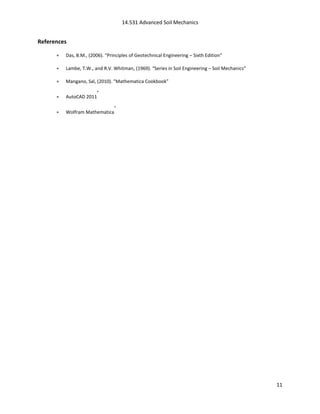 14.531 Advanced Soil Mechanics


References

         Das, B.M., (2006). “Principles of Geotechnical Engineering – Sixth Edition”

         Lambe, T.W., and R.V. Whitman, (1969). “Series in Soil Engineering – Soil Mechanics”

         Mangano, Sal, (2010). “Mathematica Cookbook”
                         ®
         AutoCAD 2011
                                 ®
         Wolfram Mathematica




                                                                                                 11
 