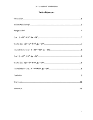 14.531 Advanced Soil Mechanics


                            Table of Contents


Introduction……………………………………………….……………………………………………………………..…………3


Rankine Active Wedge………………………………………………………………………………………………………….3


Wedge Analysis……………………………………………………………………………………………………………………4


Case 1 (θ = 72:  90:, φw = 34:)……………………………………………………………………………………..….5


Results: Case 1 (θ = 72:  90:, φw = 34:)……………………………………………………………………………5


Failure Criteria: Case 1 (θ = 72:  90:, φw = 34:)…………………………………………………………….….6


Case 2 (θ = 45:  90:, φw = 34:)……………………………………………………………………………………..….7


Results: Case 2 (θ = 45:  90:, φw = 34:)……………………………………………………………………………8


Failure Criteria: Case 2 (θ = 4:  90:, φw = 34:)………………………………………………………………….8


Conclusion……………………………………………………………………………………..………………………………….…9


References.…………………………………………………………………………………………………………………..…...12


Appendices.………………..………………………………………………………………………………………………..…...13




                                                                            2
 