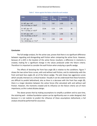 14.531 Advanced Soil Mechanics


                         Table 2 Values against the failure criteria for each analysis


             Case                            FS Over-       FS          Eccentricity     q
                                                                                             MAX
                                             Turning        Sliding     (ft)             (ksf)

             θ = 90:, φw = 34:,              7.11           7.07        -1.93            50
             Pa = 6.51 Kips, α = 56.8:

             θ = 90:, φw = 0:,               15.04          5.19        0.70             35
             Pa = 7.12 Kips, α = 62.0:

             θ = 45:, φw = 34:,              ∞             7.23        -1.90            55
             Pa = 11.24 Kips, α =61.2:

             θ = 45:, φw = 0:,               ∞             2.36        2.66             42
             Pa = 10.84 Kips, α = 71.2:




Conclusion

       The full wedge analysis, for the active case, proves that there is no significant difference
between regarding and disregarding wall friction when comparing the active force. However,
because of a shift in the location of the active forces resultant, a difference in moments is
created, making for a significant change in the values produced under the failure criteria.
Therefore it is important to consider the wall friction when analyzing a specific wedge.

        The effects of deviating the front face angle (θ) is relative to the conditions. Figure 7
shows the two active force curves, with and without wall friction, and its relationship with the
front and back face angles (θ, α) of the failure wedge. The plot shows two aggressive curves
which actually intersect at a critical location. Visually it can be understood that these functions
are difficult to predict beforehand; also as there is a decrease with the front face angle (θ),
there is a larger deviation between the active forces (Pa) calculated with and without wall
friction. However, the moments created and its influence on the failure criteria are of more
importance, as this is what dictates design.

        The above proves that by making assumptions to simplify a problem and to save time,
the retaining wall – shallow foundation system can be significantly over or under designed. And
because it is not realistic to predict the influence of these assumptions beforehand, a full
analysis should be performed for assurance.




                                                                                                   9
 