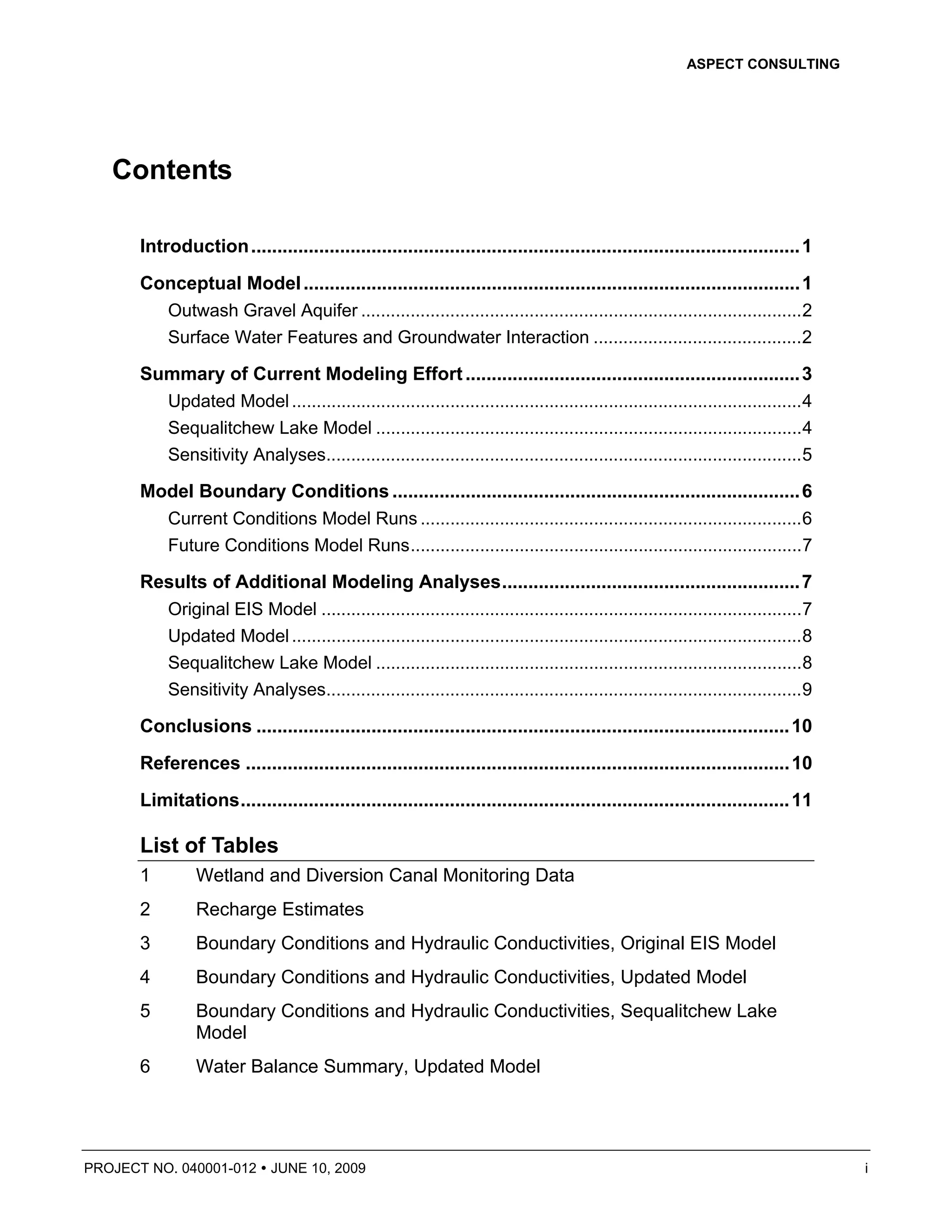 ASPECT CONSULTING




   Contents

       Introduction ......................................................................................................... 1
       Conceptual Model ............................................................................................... 1
         Outwash Gravel Aquifer .........................................................................................2
         Surface Water Features and Groundwater Interaction ..........................................2

       Summary of Current Modeling Effort ................................................................ 3
         Updated Model .......................................................................................................4
         Sequalitchew Lake Model ......................................................................................4
         Sensitivity Analyses................................................................................................5

       Model Boundary Conditions .............................................................................. 6
         Current Conditions Model Runs .............................................................................6
         Future Conditions Model Runs...............................................................................7

       Results of Additional Modeling Analyses......................................................... 7
         Original EIS Model .................................................................................................7
         Updated Model .......................................................................................................8
         Sequalitchew Lake Model ......................................................................................8
         Sensitivity Analyses................................................................................................9

       Conclusions ...................................................................................................... 10
       References ........................................................................................................ 10
       Limitations......................................................................................................... 11

       List of Tables
       1        Wetland and Diversion Canal Monitoring Data
       2        Recharge Estimates
       3        Boundary Conditions and Hydraulic Conductivities, Original EIS Model
       4        Boundary Conditions and Hydraulic Conductivities, Updated Model
       5        Boundary Conditions and Hydraulic Conductivities, Sequalitchew Lake
                Model
       6        Water Balance Summary, Updated Model




PROJECT NO. 040001-012        JUNE 10, 2009                                                                                       i
 