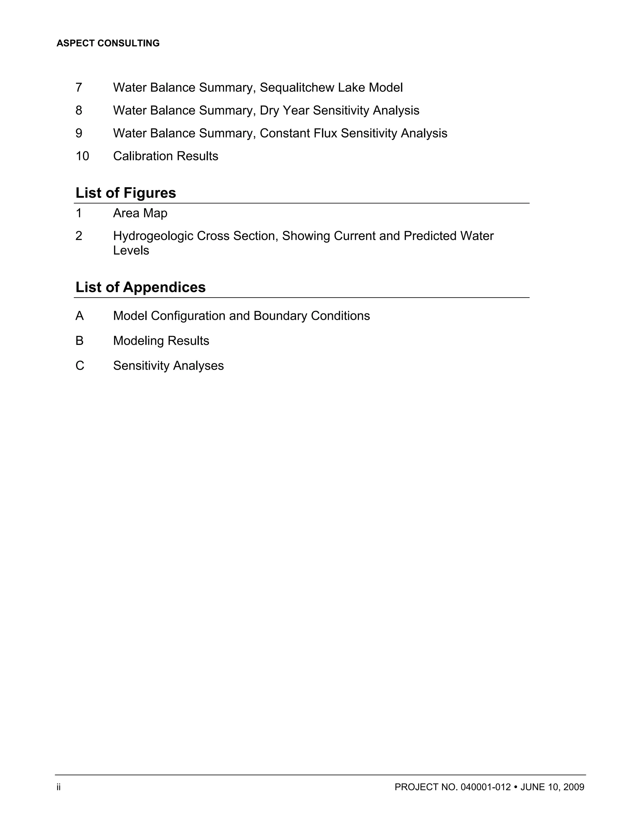 ASPECT CONSULTING



     7    Water Balance Summary, Sequalitchew Lake Model
     8    Water Balance Summary, Dry Year Sensitivity Analysis
     9    Water Balance Summary, Constant Flux Sensitivity Analysis
     10   Calibration Results

     List of Figures
     1    Area Map
     2    Hydrogeologic Cross Section, Showing Current and Predicted Water
          Levels

     List of Appendices
     A    Model Configuration and Boundary Conditions
     B    Modeling Results
     C    Sensitivity Analyses




ii                                                       PROJECT NO. 040001-012   JUNE 10, 2009
 