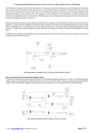 T. Divyapradeepa, International Journal of Advance Research, Ideas and Innovations in Technology.
© 2017, www.IJARIIT.com All Rights Reserved Page | 472
The transformer is designed to deliver the required power to the connected loads with minimum losses at the fundamental frequency.
Any periodic, distorted waveforms can be expressed as a sum of sinusoids. When a transformer is identical from one cycle to the
next, it can be represented as a sum of pure sine waves in which the frequency of each sinusoid is an integer multiple of the
fundamental frequency of the distorted wave. This multiple is called a harmonic of the fundamental. Usually, the higher order
harmonics are negligible for power system analysis. While they may cause interference with low-power electronic devices, they are
usually not damaging to the power system [1].
If the power system is depicted as series and shunt elements, the vast majority of the nonlinearities in the system are found in shunt
elements i.e. loads. The series impedance of the power delivery system (i.e. the short circuit impedance between the source and the
load) is remarkably linear. In transformers, also, the source of harmonics is the shunt branch (magnetizing impedance) of the
common “T” model, the leakage impedance is linear. Thus the main sources of harmonic distortion will ultimately be end-user
loads.
In addition to the operation of transformers on the sinusoidal supplies, the harmonic behavior becomes important as the size and
rating of the transformer increases [9].
Fig.:4 Representation of Simulink Model of Transformer Under sinusoidal Excitation
Effect of Saturation with Non-Sinusoidal Supply Voltage
To analyses the excitation current the equivalent circuit of an unloaded single phase transformer was used. A non-sinusoidal supply
voltage was given to the single phase saturable transformer. The non-sinusoidal supply voltage is created by summing up different
voltage sources with different magnitude and frequency of each voltage source is an integral multiple of the fundamental
Fig.5: Simulink Model Representing Transformer with Core Saturation
 