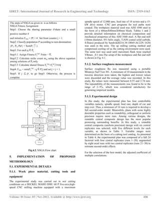 IJRET: International Journal of Research in Engineering and Technology ISSN: 2319-1163
__________________________________________________________________________________________
Volume: 01 Issue: 03 | Nov-2012, Available @ http://www.ijret.org 436
Fig.4.2. NSGA Flow chart
5. IMPLEMENTATION OF PROPOSED
METHODOLOGY
5.1. EXPERIMENTAL DETAILS
5.1.1. Work piece material, cutting tools and
equipment
The experimental study was carried out in wet cutting
conditions on a DECKEL MAHO DMU 60 P five-axis,high-
speed CNC milling machine equipped with a maximum
spindle speed of 12,000 rpm, feed rate of 10 m/min and a 15-
kW drive motor. CNC part programs for tool paths were
created. The workpiece material used was AISI 1040 steel in
the form of a 60mmΧ60mmΧ40mm block. Tables 1 and 2
provide detailed information on chemical composition and
mechanical properties of this AISI 1040 steel. A flat end mill
(10mm diameter, 451 helix angle, TiAlN coated solid carbide,
4-flutes) produced by Sandvik(R216.34-10045-AC22N 1620)
was used in the tests. The up milling cutting method and
compressed cooling oil as the cutting environment were used.
The same tool was used until maximum flank wear reached
VBmax _0.1 mm.The setup of the workpiece and flat end mill
is shown in Fig. 6.1.
5.1.2. Surface roughness measurement
Surface roughness Ra was measured using a portable
Mitutoyo Surf Test 301. A minimum of 10 measurement in the
traverse direction were taken, the highest and lowest values
were discarded and the average value was recorded. In this
study, Ra values were measured between 0.55 and 2.74 mm.
The repeatability of the measurements was found to be in the
range of 2–5%, which was considered satisfactory for
generating empirical models.
5.1.3. Experimental design
In this study, the experimental plan has four controllable
variables namely, spindle speed, feed rate, depth of cut and
step over. Thus, a minimum of 16 runs is required to develop a
full second-order model. Meanwhile, plans with some highly
desirable properties such as rotatability, orthogonal or uniform
precision require more runs. Among various designs, the
rotatable central composite design has the most popular
promising outstanding benefits. In this study, a rotatable
central composite (uniform precision) design with six central
replicates was selected, with five different levels for each
variable, as shown in Table 3. Variable ranges were
determined on the basis of a cutting tool catalog. As presented
in Table 4, the experimental plan was composed of a full 24
factorial with four central replicates (runs 1–20), augmented
by eight axial runs with two central replicates (runs 21–30) to
estimate second-order effects.
For the selection of the best model, the adjusted coefficient of
multiple correlations.
The steps of NSGA as given in is as follows
NSGA Fitness Assignment
Step1: Choose the sharing parameter share and a small
positive number
and initialize Fmin = |P| + . Set front counter j = 1.
Step2: Classify population P according to non-domination:
{P1, P2, P } = Sort(P )
Step3: For each q Pj
Step3.1: Assign Fitness Fj
(q)=
Fmin − .
Step3.2: Calculate niche count ncq using the above equation
among solutions of Pj only.
Step3.3: Calculate shared fitness Fj
/(q)
=Fj
(q)
Step4: Fmin = min(Fj
/(q)
: q Pj) and set j = j + 1.
Step5: If j , to go Step3. Otherwise, the process is
complete
 