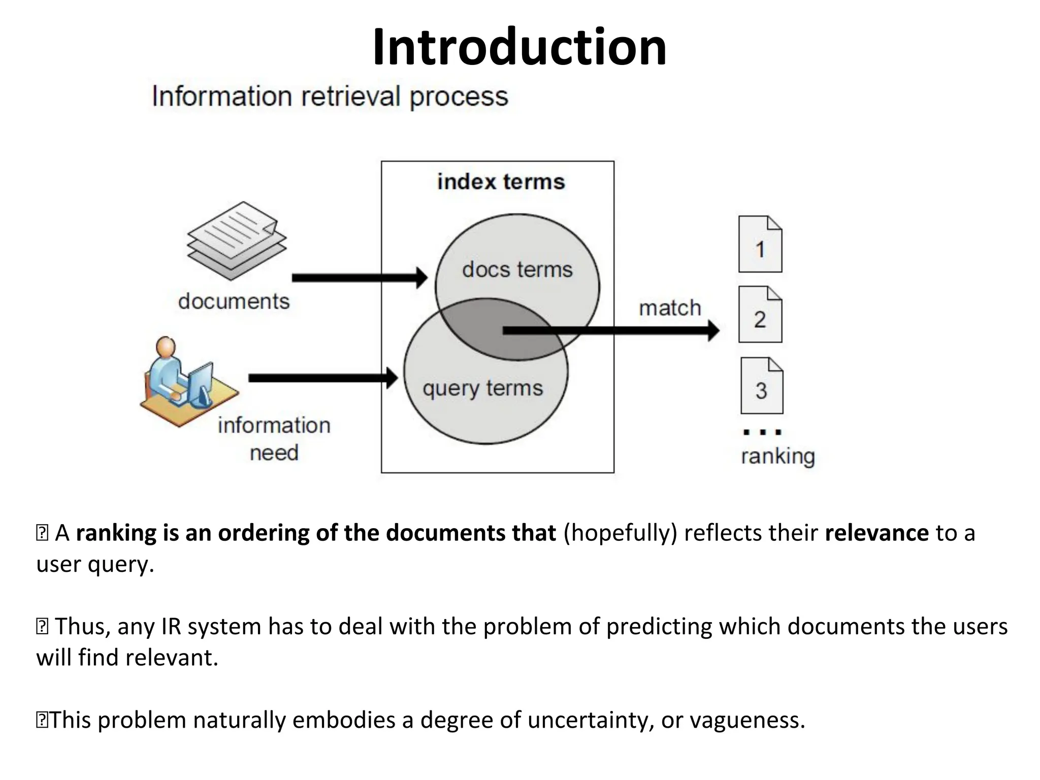 Introduction
A ranking is an ordering of the documents that (hopefully) reflects their relevance to a
user query.
Thus, any IR system has to deal with the problem of predicting which documents the users
will find relevant.
This problem naturally embodies a degree of uncertainty, or vagueness.
 