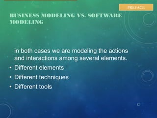 BUSINESS MODELING VS. SOFTWARE
MODELING
in both cases we are modeling the actions
and interactions among several elements.
• Different elements
• Different techniques
• Different tools
12
PREFACE
 
