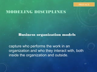 MODELING DISCIPLINES
Business organization models
capture who performs the work in an
organization and who they interact with, both
inside the organization and outside.
17
PREFACE
 