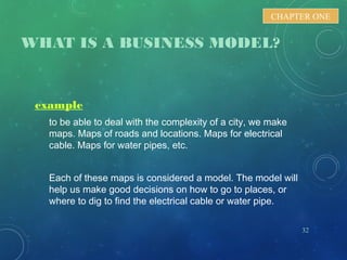 WHAT IS A BUSINESS MODEL?
example
to be able to deal with the complexity of a city, we make
maps. Maps of roads and locations. Maps for electrical
cable. Maps for water pipes, etc.
Each of these maps is considered a model. The model will
help us make good decisions on how to go to places, or
where to dig to find the electrical cable or water pipe.
32
CHAPTER ONE
 