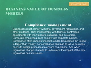 BUSINESS VALUE OF BUSINESS
MODELS
44
CHAPTER ONE
Compliance management
Businesses must comply with law, government regulations, and
other guidance. They must comply with terms of contractual
agreements with their lenders, suppliers, and customers.
Corporate employees must comply with corporate policies.
Compliance often impacts financial results. Sometimes the impact
is larger than money; noncompliance can lead to jail. A business
needs to design processes to ensure compliance. And when
regulations change, it needs to understand the impact of the new
regulations on its business.
 