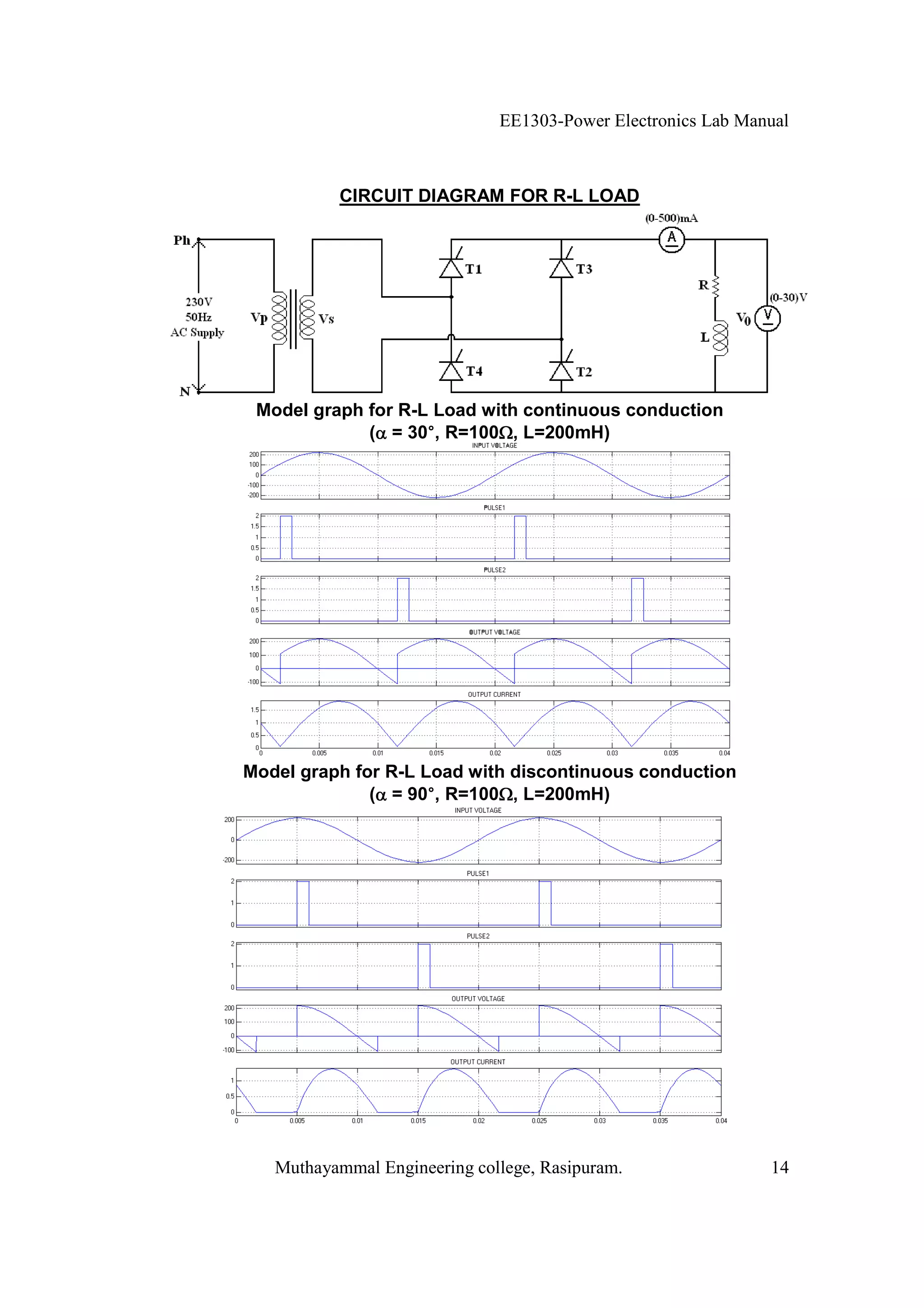 EE1303-Power Electronics Lab Manual



          CIRCUIT DIAGRAM FOR R-L LOAD




 Model graph for R-L Load with continuous conduction
                    °
             ( = 30°, R=100 , L=200mH)




Model graph for R-L Load with discontinuous conduction
                     °
              ( = 90°, R=100 , L=200mH)




   Muthayammal Engineering college, Rasipuram.                14
 