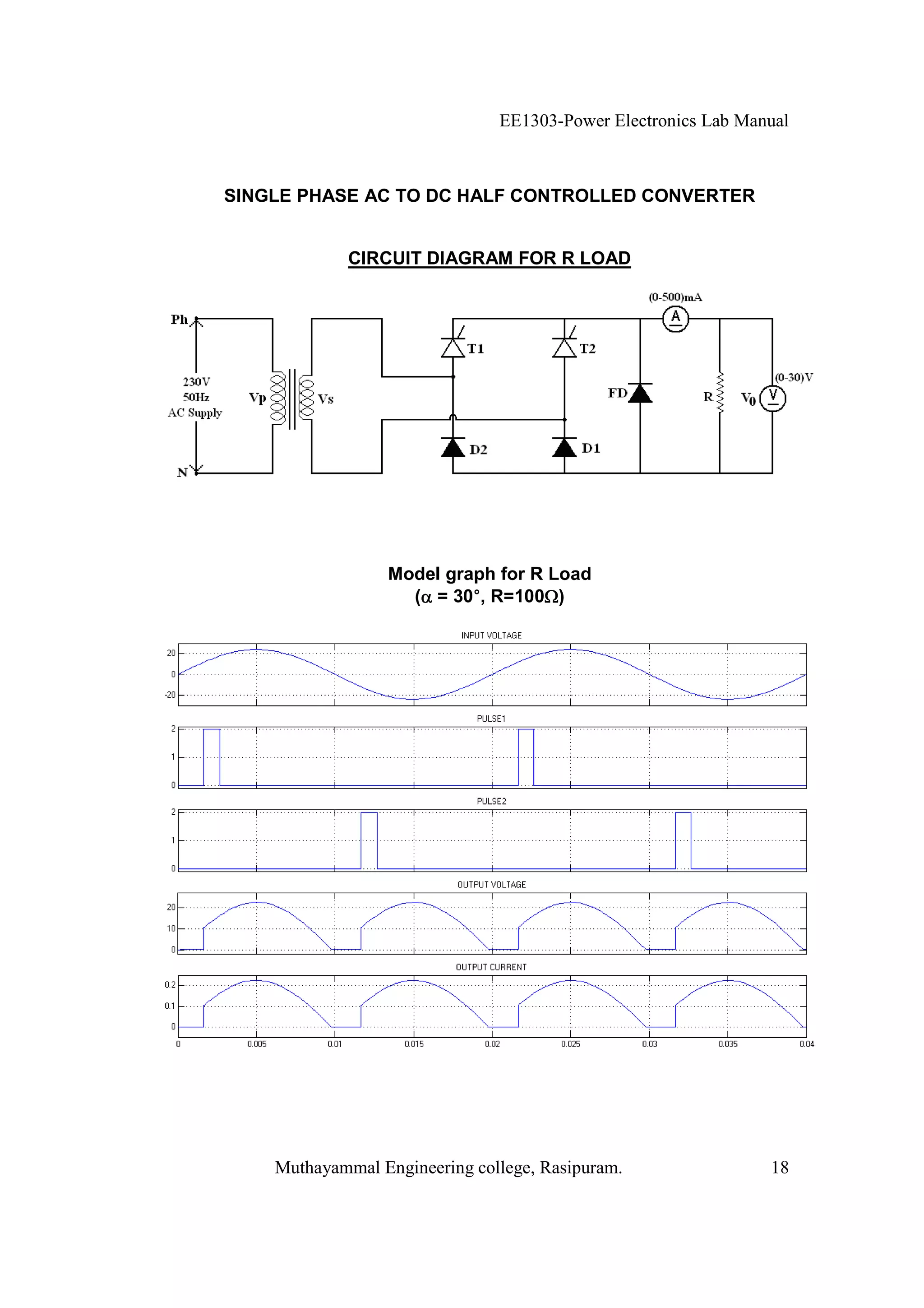 EE1303-Power Electronics Lab Manual



SINGLE PHASE AC TO DC HALF CONTROLLED CONVERTER


             CIRCUIT DIAGRAM FOR R LOAD




                 Model graph for R Load
                          °
                   ( = 30°, R=100 )




    Muthayammal Engineering college, Rasipuram.                18
 