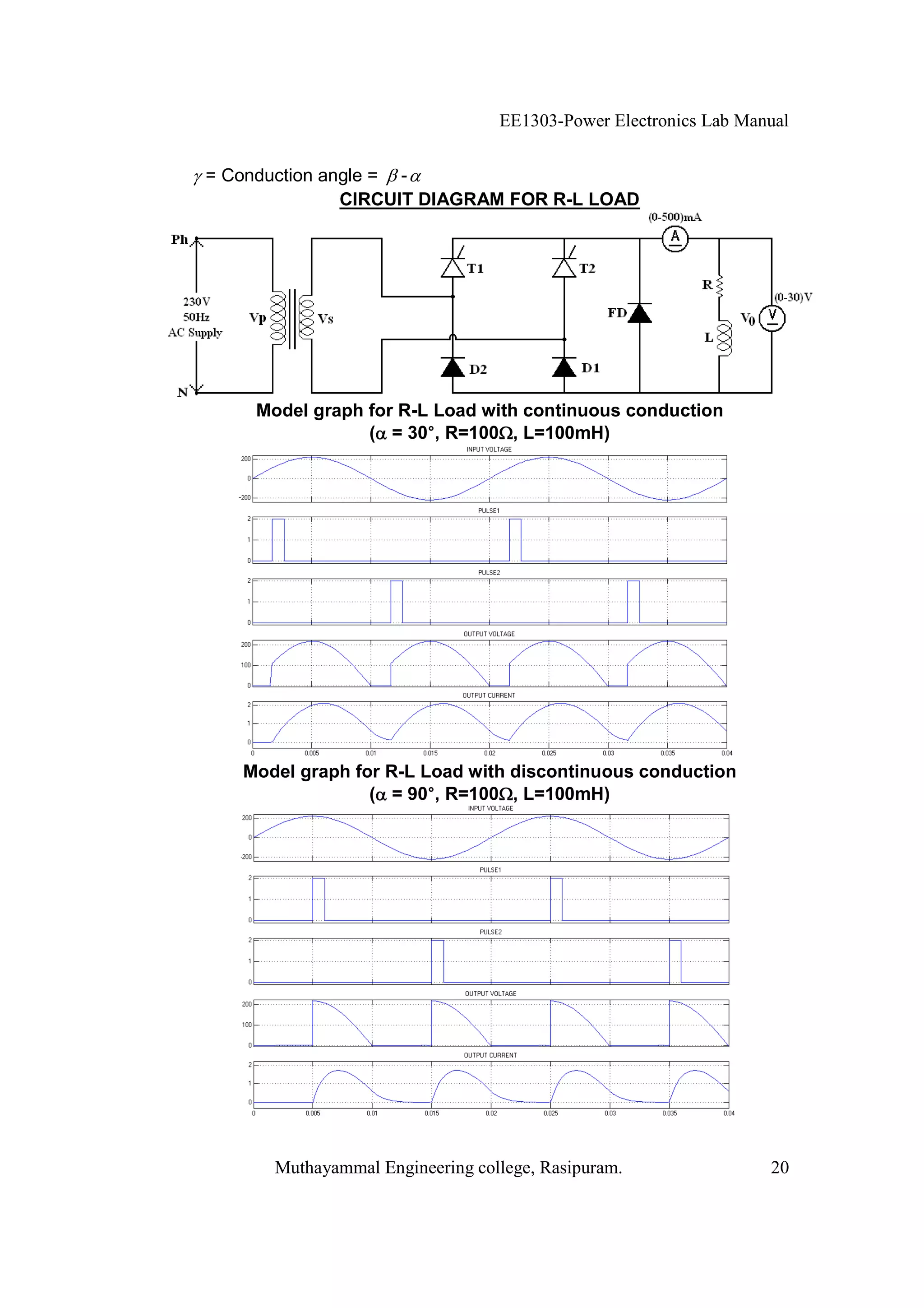 EE1303-Power Electronics Lab Manual


= Conduction angle = -
               CIRCUIT DIAGRAM FOR R-L LOAD




     Model graph for R-L Load with continuous conduction
                        °
                 ( = 30°, R=100 , L=100mH)




   Model graph for R-L Load with discontinuous conduction
                        °
                 ( = 90°, R=100 , L=100mH)




       Muthayammal Engineering college, Rasipuram.                20
 
