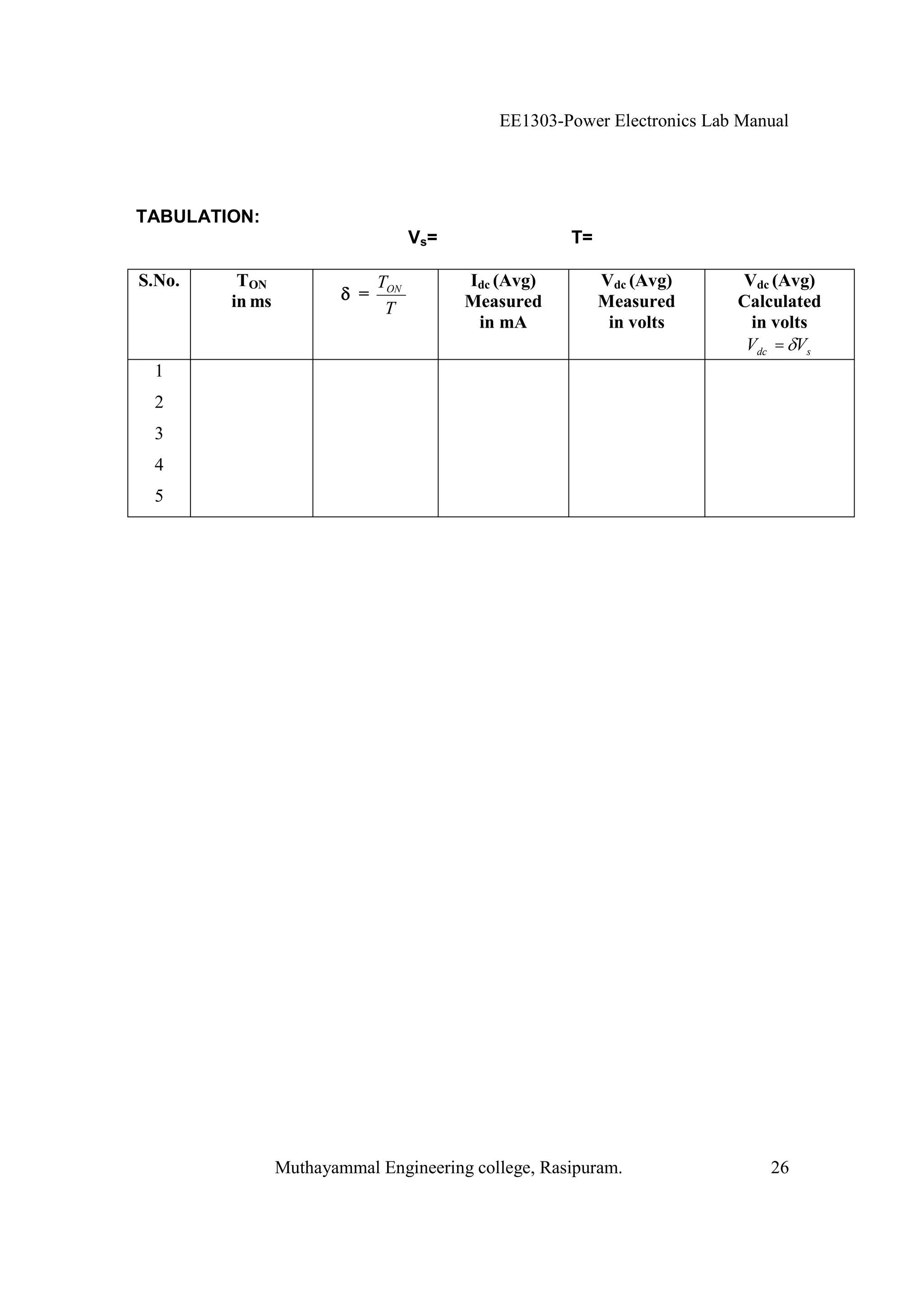 EE1303-Power Electronics Lab Manual




TABULATION:
                                    Vs=               T=

S.No.    TON                  TON         Idc (Avg)        Vdc (Avg)      Vdc (Avg)
        in ms             =               Measured         Measured       Calculated
                               T
                                           in mA            in volts        in volts
                                                                           Vdc = Vs
 1
 2
 3
 4
 5




                Muthayammal Engineering college, Rasipuram.                   26
 
