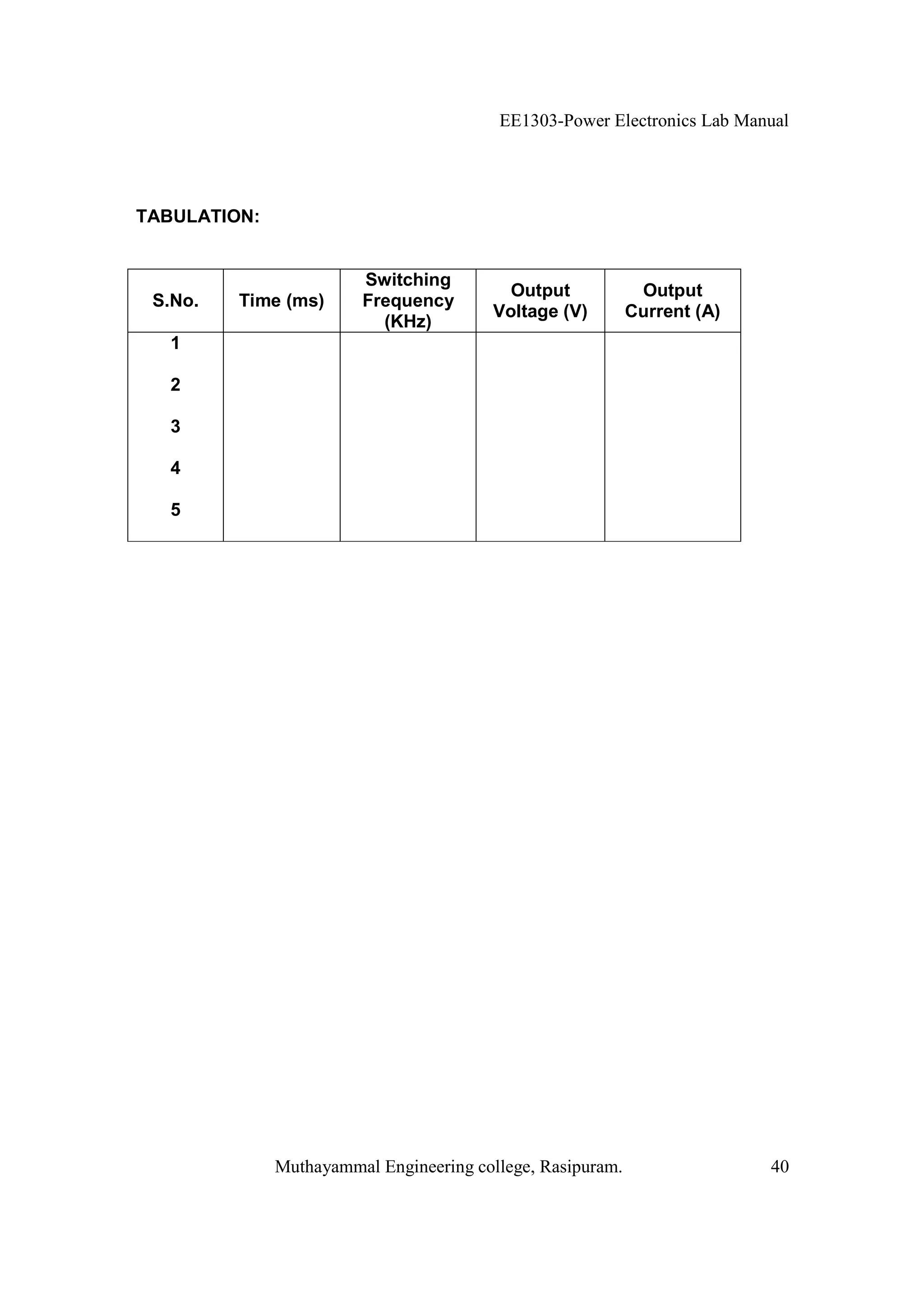 EE1303-Power Electronics Lab Manual




TABULATION:


                        Switching
                                          Output             Output
 S.No.   Time (ms)      Frequency
                                        Voltage (V)         Current (A)
                          (KHz)
   1

   2

   3

   4

   5




              Muthayammal Engineering college, Rasipuram.                 40
 