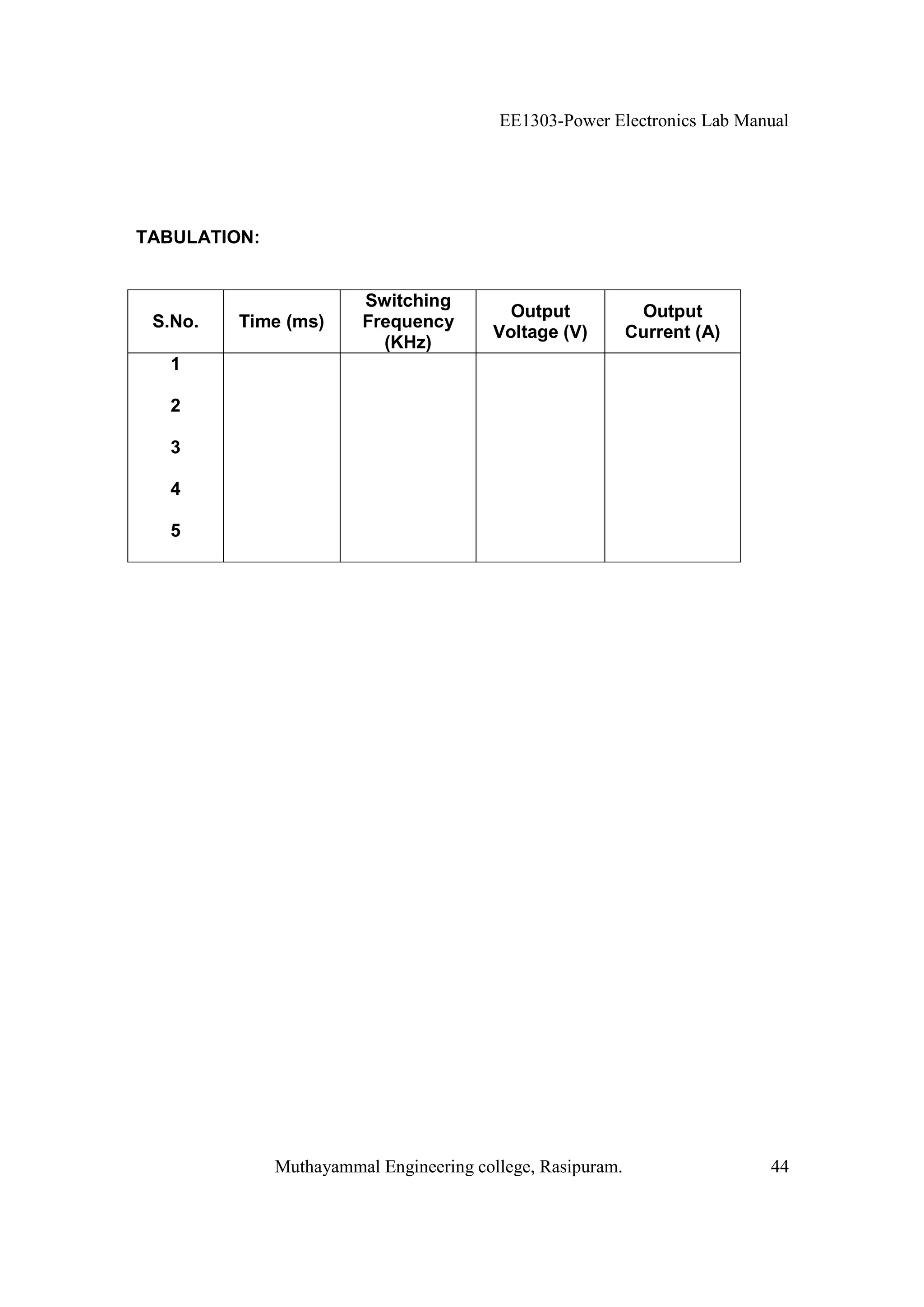 EE1303-Power Electronics Lab Manual




TABULATION:


                        Switching
                                          Output             Output
 S.No.   Time (ms)      Frequency
                                        Voltage (V)         Current (A)
                          (KHz)
   1

   2

   3

   4

   5




              Muthayammal Engineering college, Rasipuram.                 44
 