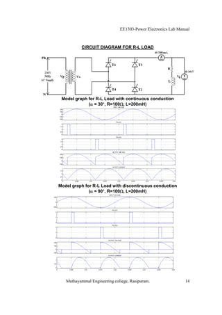EE1303-Power Electronics Lab Manual



          CIRCUIT DIAGRAM FOR R-L LOAD




 Model graph for R-L Load with continuous conduction
                    °
             ( = 30°, R=100 , L=200mH)




Model graph for R-L Load with discontinuous conduction
                     °
              ( = 90°, R=100 , L=200mH)




   Muthayammal Engineering college, Rasipuram.                14
 