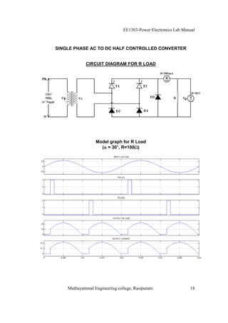 EE1303-Power Electronics Lab Manual



SINGLE PHASE AC TO DC HALF CONTROLLED CONVERTER


             CIRCUIT DIAGRAM FOR R LOAD




                 Model graph for R Load
                          °
                   ( = 30°, R=100 )




    Muthayammal Engineering college, Rasipuram.                18
 