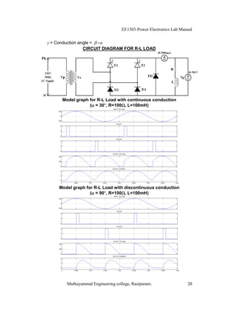 EE1303-Power Electronics Lab Manual


= Conduction angle = -
               CIRCUIT DIAGRAM FOR R-L LOAD




     Model graph for R-L Load with continuous conduction
                        °
                 ( = 30°, R=100 , L=100mH)




   Model graph for R-L Load with discontinuous conduction
                        °
                 ( = 90°, R=100 , L=100mH)




       Muthayammal Engineering college, Rasipuram.                20
 