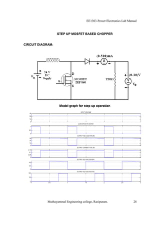 EE1303-Power Electronics Lab Manual



                   STEP UP MOSFET BASED CHOPPER


CIRCUIT DIAGRAM:




                    Model graph for step up operation




            Muthayammal Engineering college, Rasipuram.                28
 
