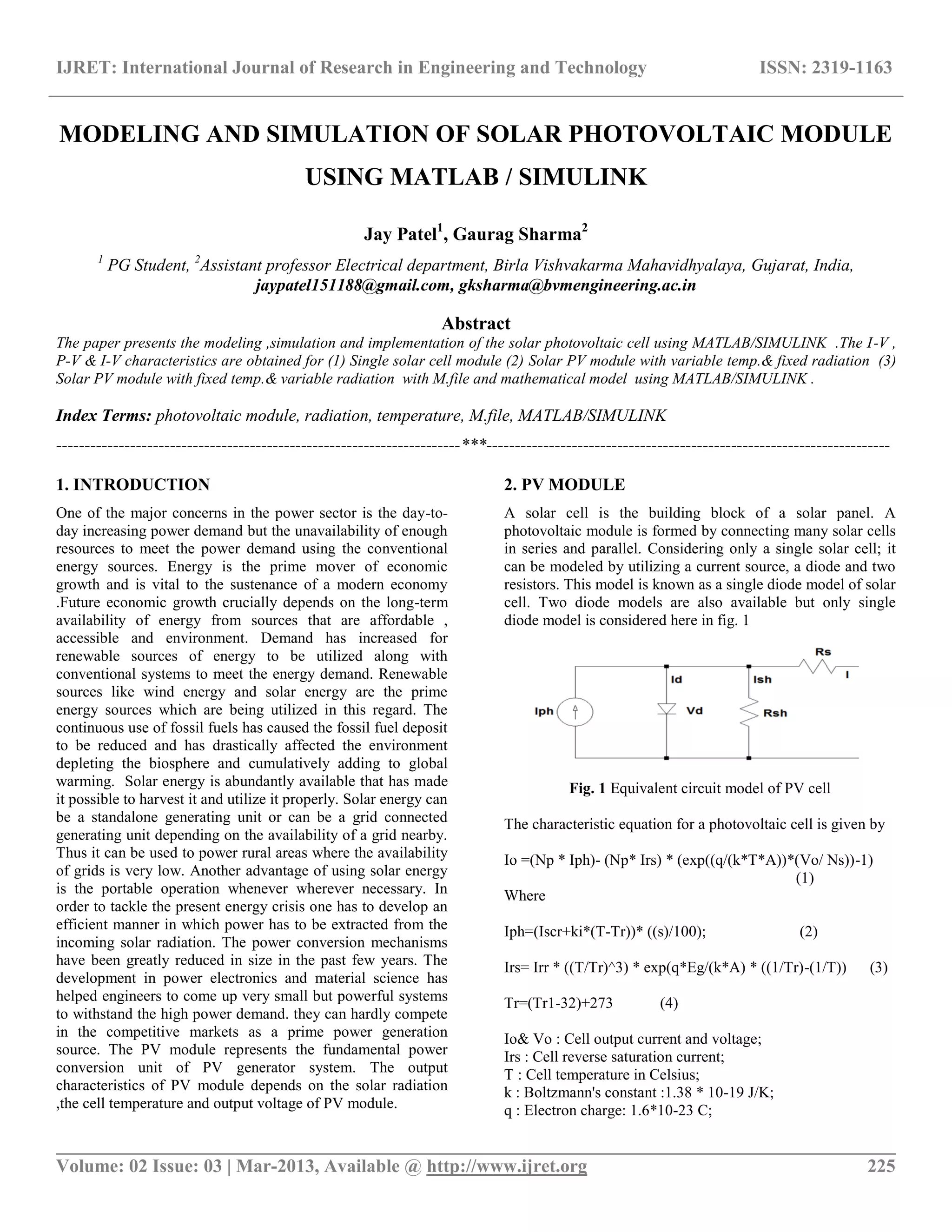 Modeling and simulation of solar photovoltaic module using matlab ...