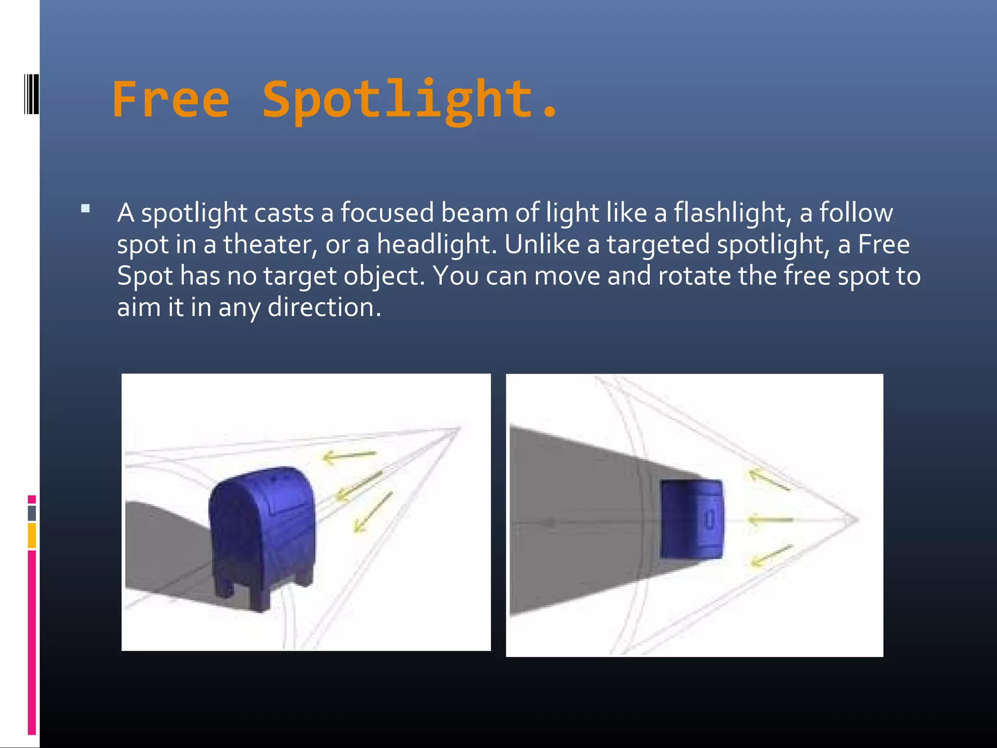 Free Spotlight.
 A spotlight casts a focused beam of light like a flashlight, a follow
spot in a theater, or a headlight. Unlike a targeted spotlight, a Free
Spot has no target object. You can move and rotate the free spot to
aim it in any direction.
 