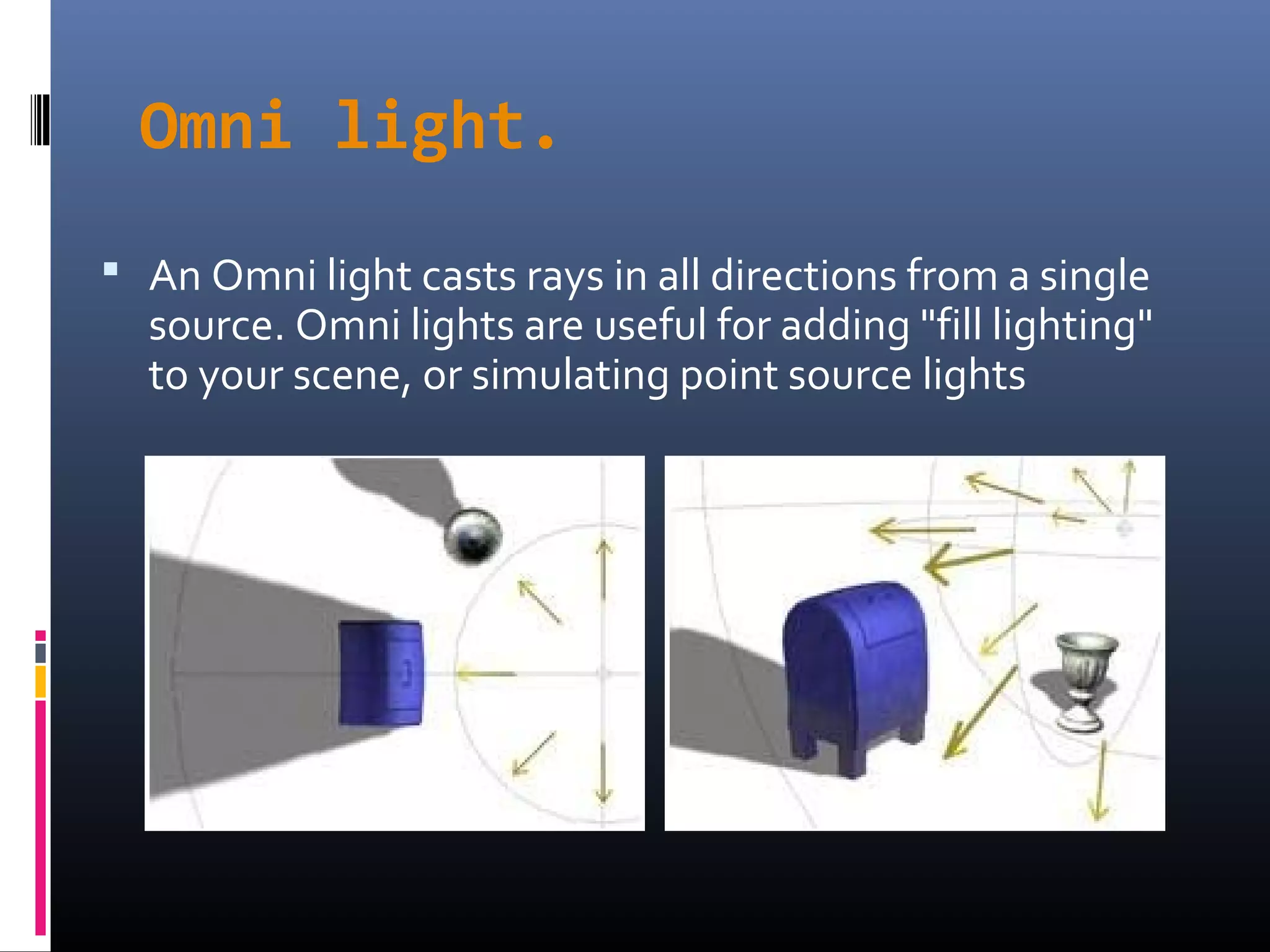 Omni light.
 An Omni light casts rays in all directions from a single
source. Omni lights are useful for adding "fill lighting"
to your scene, or simulating point source lights
 